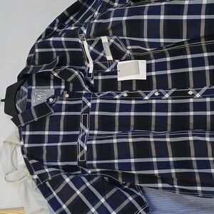 MO7 Men's Shirt 5XL NWT Short Sleeve Button Up Navy Plaid Chest Pocket Cotton 65